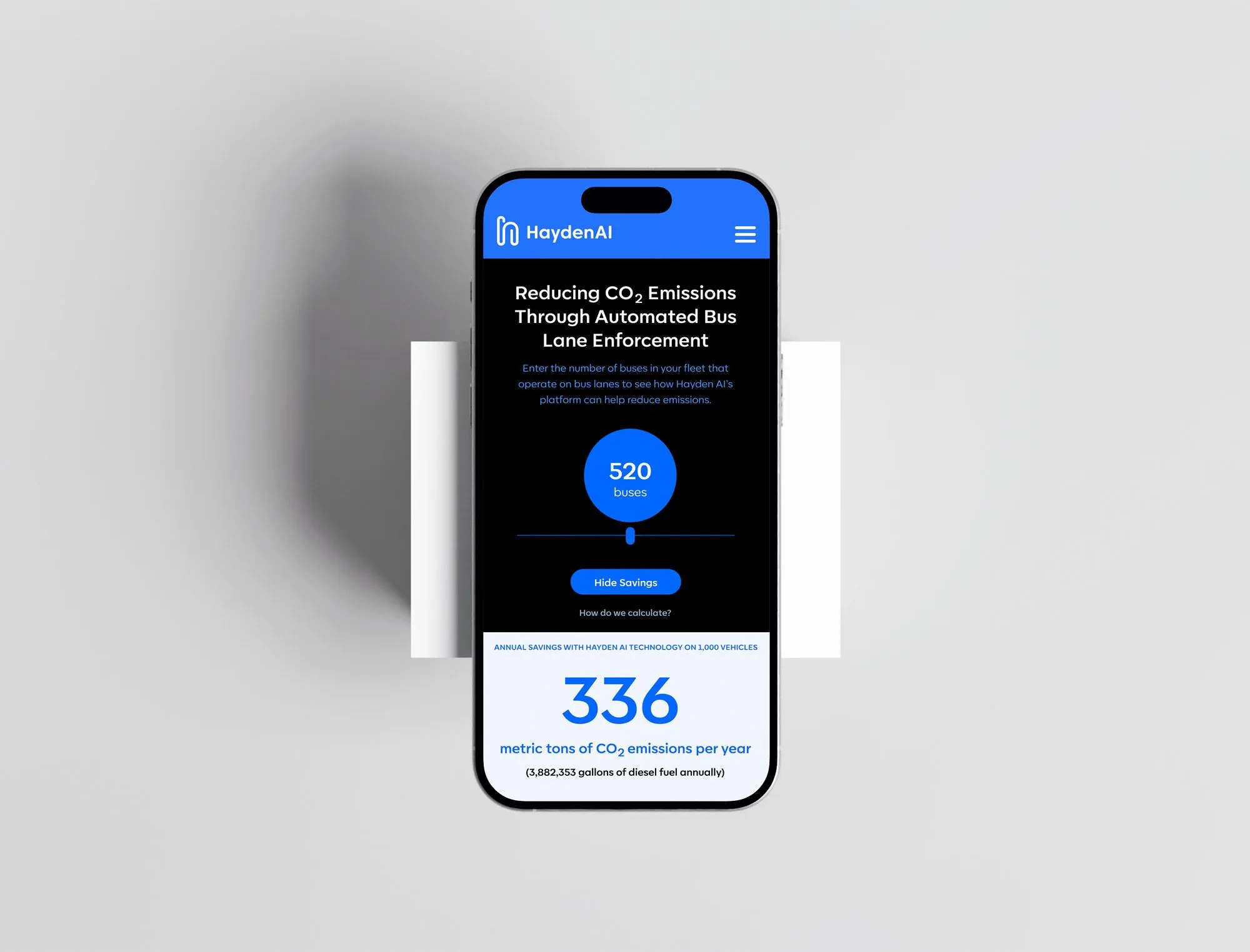Hayden AI's emissions calculator calculates potential savings.